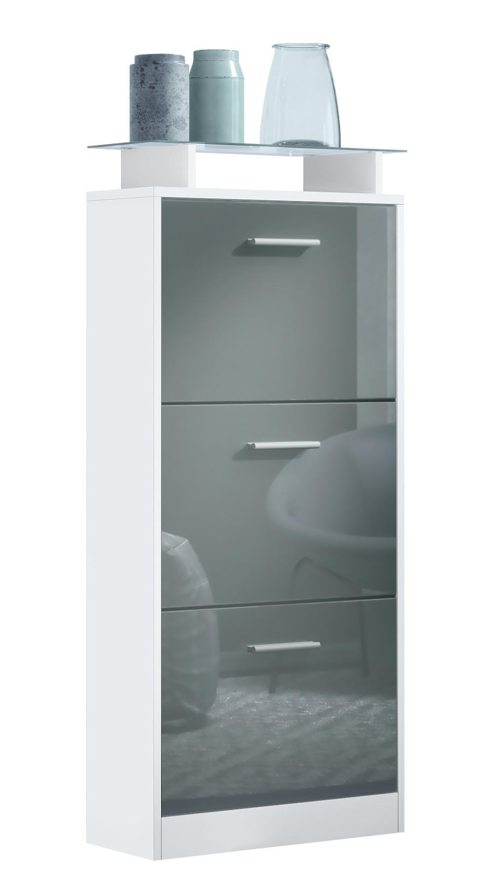 SCHUHSCHRANK Lavia Front in Grau Hochglanz - Grau, Holzwerkstoff (46/128/23cm) - Vladon