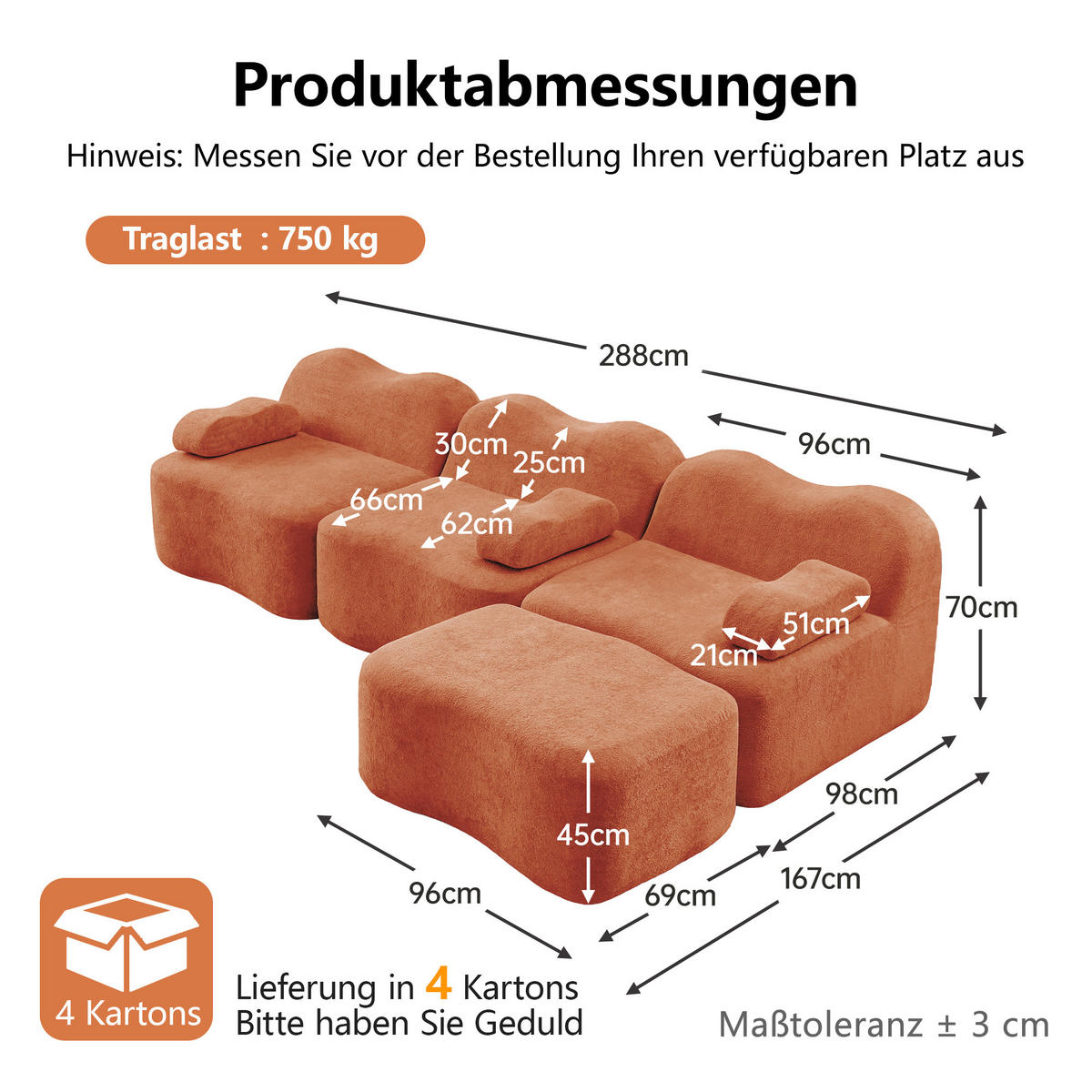 ECKSOFA DE-34348 L-Form mit Ottoman Orange - Orange, Textil (167/288cm) - ComfortXL