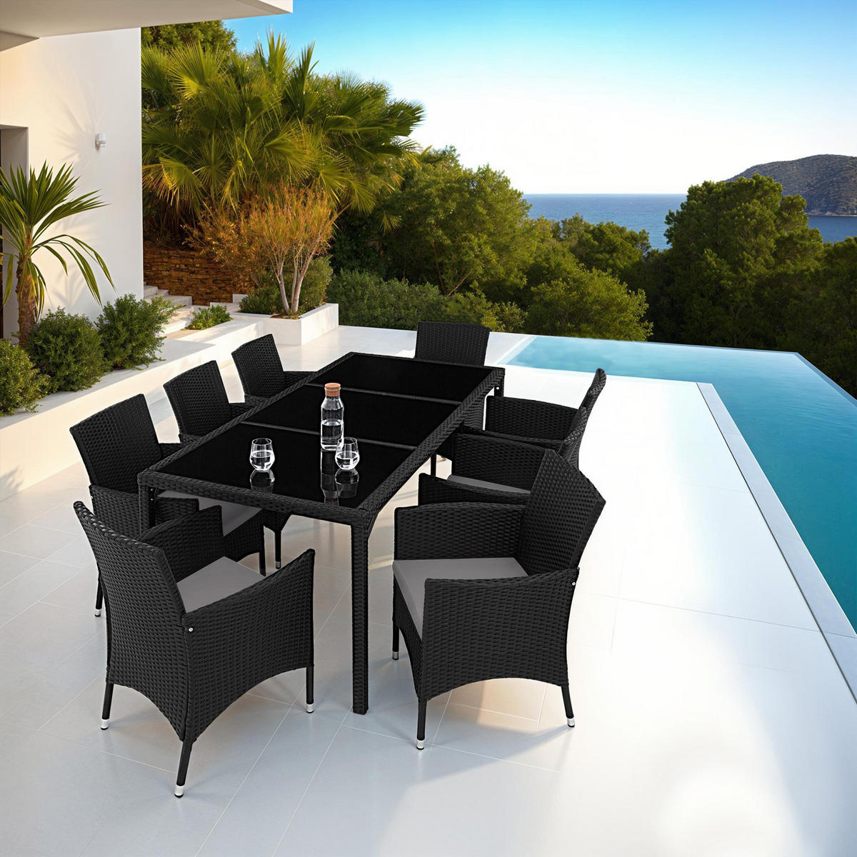 RATTAN SITZGRUPPE Almansa,inklusive Schutzhülle,schwarz/grau - Schwarz/Grau, Kunststoff - tectake