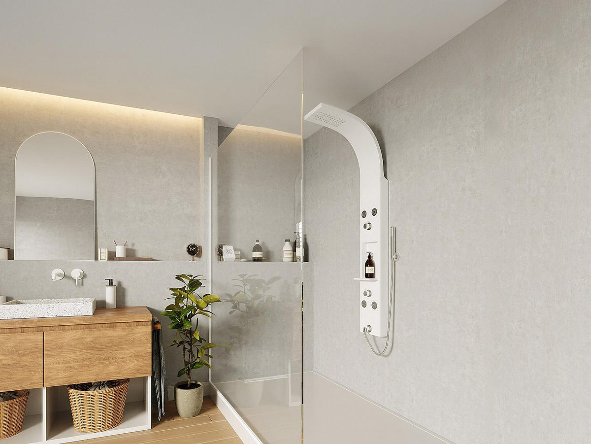 DUSCHSÄULE mit Hydromassage mit Ablage - Weiß matt - 20 x 140 cm - ROANA - Weiß, Metall (20/140/48cm) - Vente-Unique