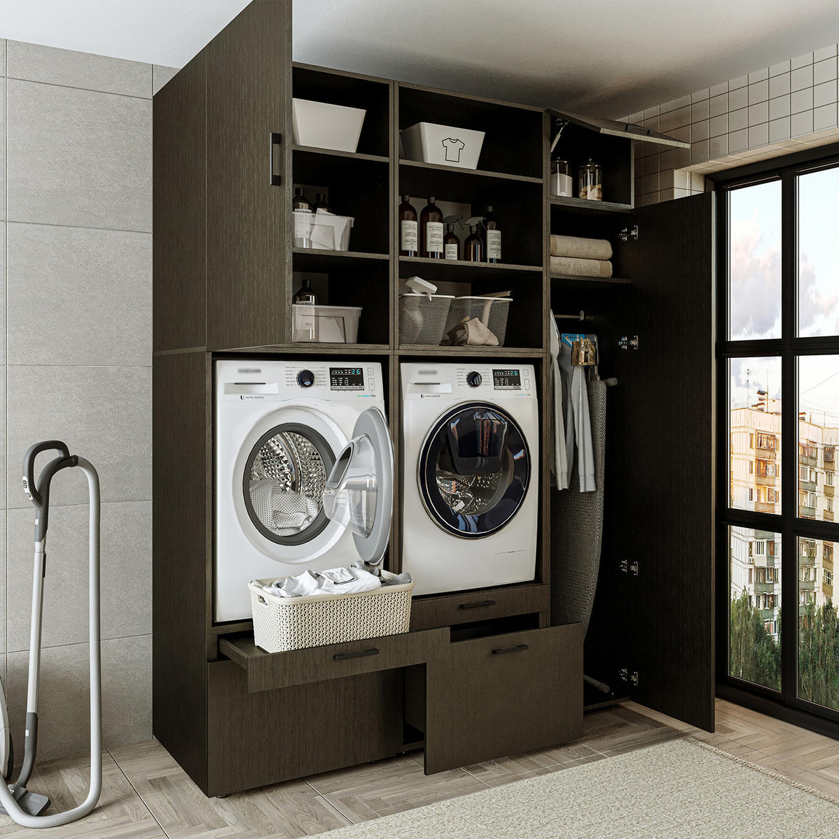 WASCHMASCHINENSCHRANK Serie 2 179cm Breit, 240cm Hoch - Schwarz, Holzwerkstoff (179/240/67cm)