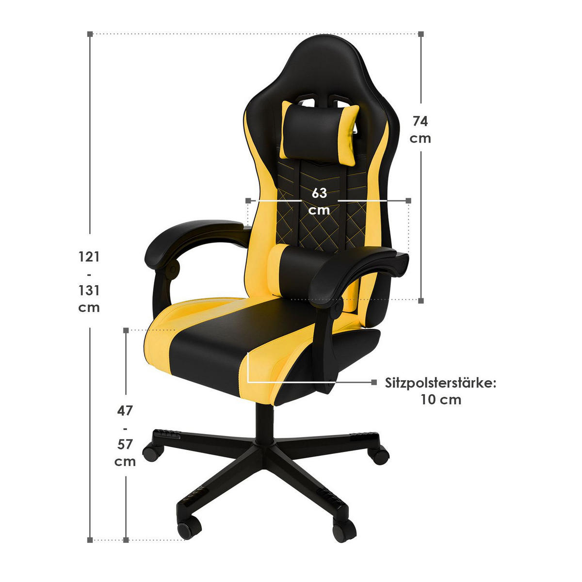 GAMINGSTUHL HyperSeat schwarz/gelb - Gelb, Kunststoff (63/131/121cm) - Juskys