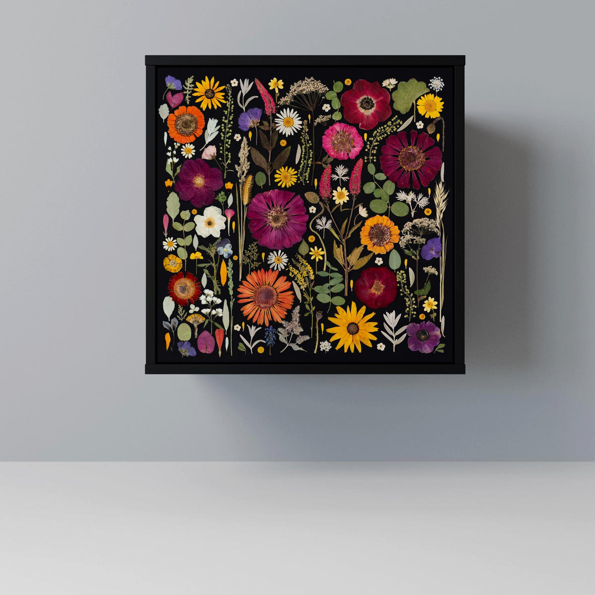 SIDEBOARD MIDNIGHT GARDEN, Schwarz, 57,5x42x67,5 cm, Schwarze Metall-Rahmenfüße - Multicolor/Schwarz, Holzwerkstoff/Metall (57.5/67.5/42cm) - SpaceRebels
