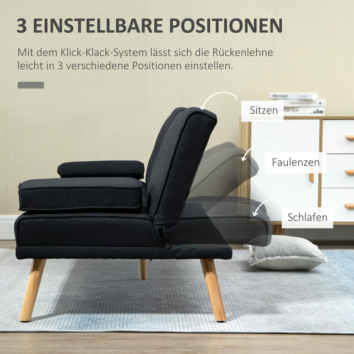 SCHLAFSOFA, 3-Sitzer-Schlafcouch mit Klappbarem Tisch, Becherhalter, Grau - Naturfarben/Grau, Holz/Textil (77/78/181cm) - HOMCOM