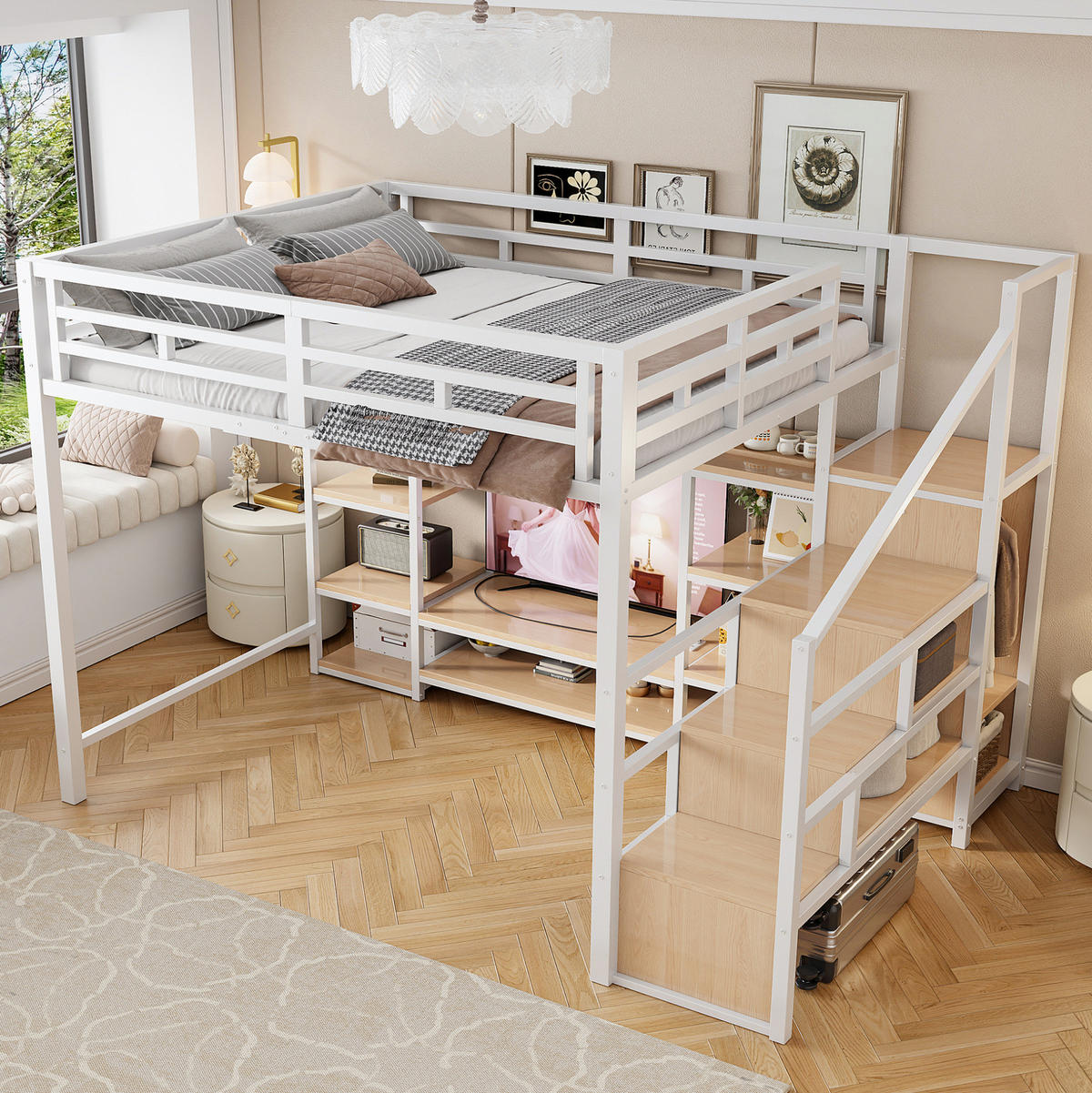 HOCHBETT 140/200 cm aus Metall mit TV-Ständer und Steckdose, Weiß - Weiß, Metall (140/200cm) - OKMYHOME