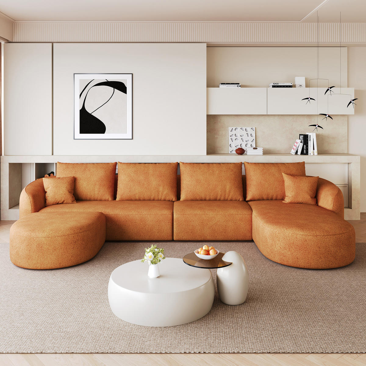WOHNLANDSCHAFT Rechts, 3-Sitzer U-Form 336 cm ohne Montage, DE-34817, Orange - Orange, Textil (336/85/168cm) - ComfortXL
