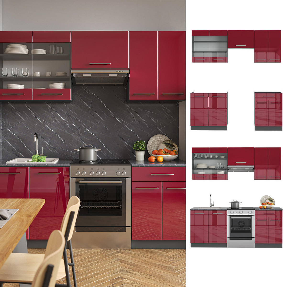 KÜCHENZEILE Fame-Line Bordeaux Hochglanz/Anthrazit 200 cm, AP Eiche - Bordeaux/Anthrazit, Holzwerkstoff (200/81.6/60cm) - Vicco
