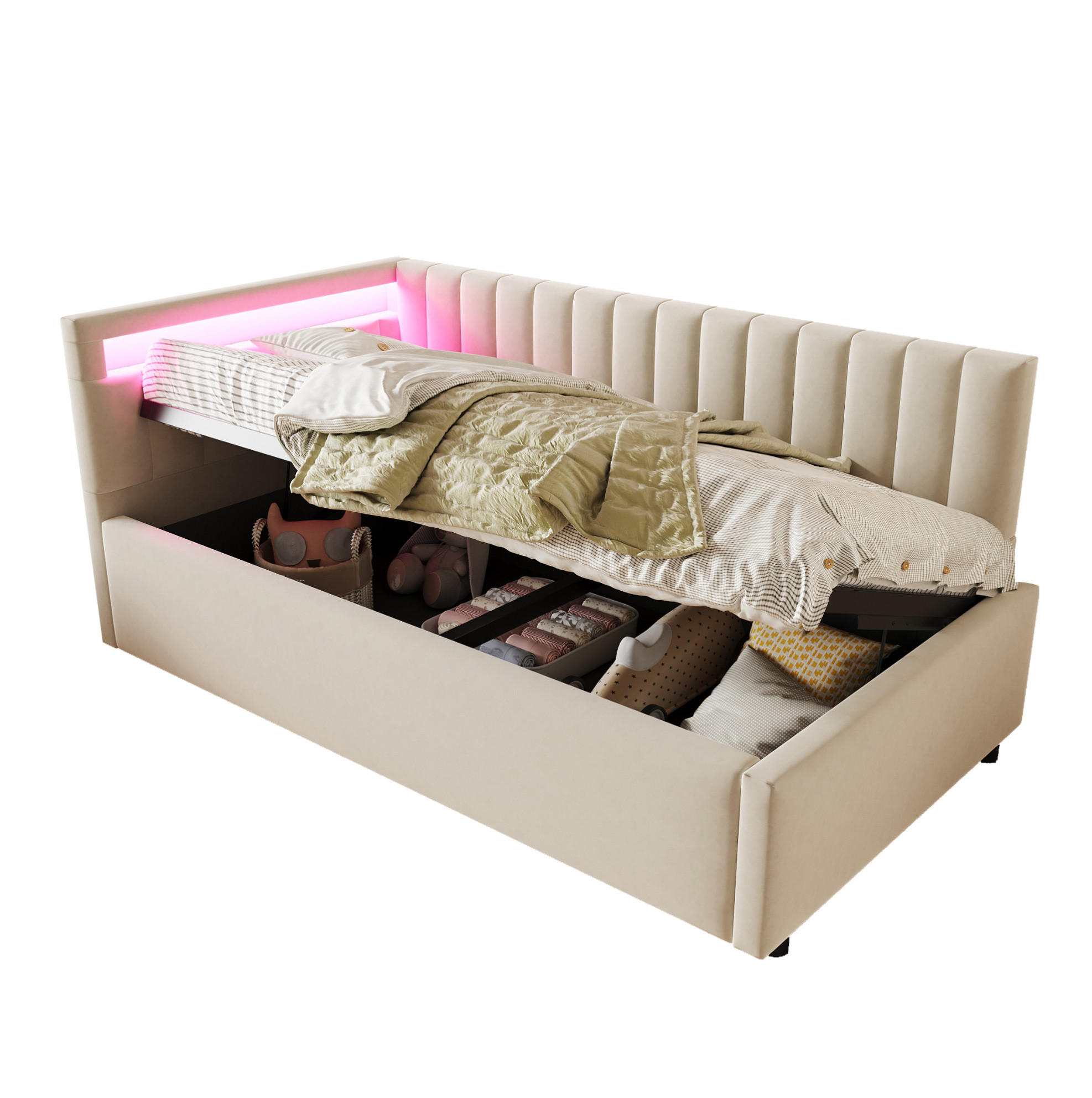 POLSTERBETT mit LED-Beleuchtung 90/200 cm mit Bettkasten in Beige - Beige, Textil (90/200cm) - BEAOK