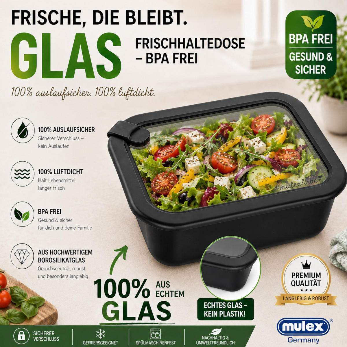 FRISCHHALTEDOSEN LUND Meal Cube schwarz 640 ml - Schwarz, Glas (13/6/18cm) - Mulex