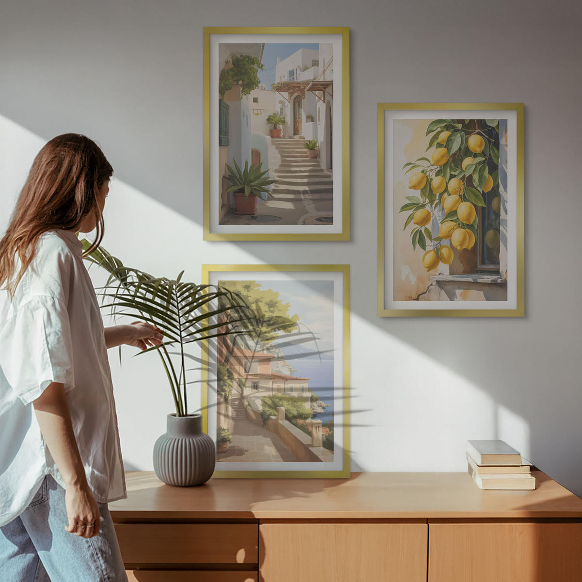 BILDER SET 3er Set - 40x60 cm Goldrahmen - Lemon Streets Meerblick - Goldfarben, Kunststoff (40/60cm) - TULUP
