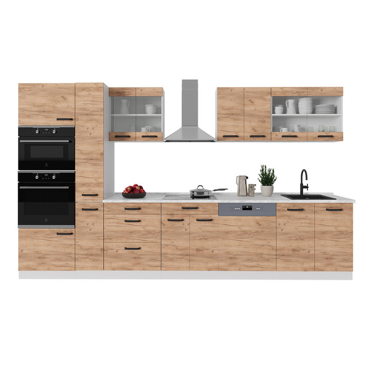 KÜCHENZEILE R-Line Goldkraft Eiche/Weiß 350 cm AP Anthrazit - Honigeiche/Eiche Wotan, Holzwerkstoff (350/81.6/60cm) - Vicco