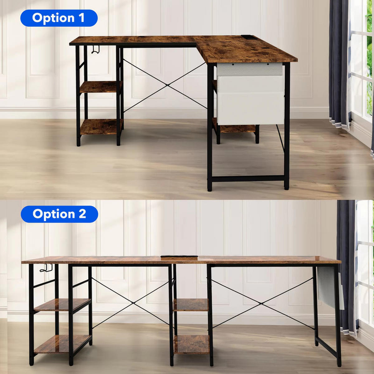 L-SCHREIBTISCH verstellbar 140/230 cm mit Steckdose - Braun, Holz (140/40/65cm) - Kaket