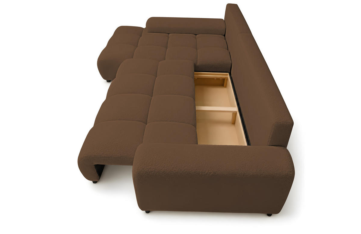 ECKSOFA Ovia mit Bettkasten und Schlaffunktion, Bouclé-Stoff in L-Form - Braun, Textil (270/185cm)