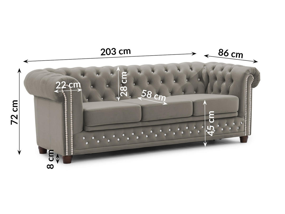 CHESTERFIELD-SOFA 3-Sitzer mit Schlaffunktion Cleo Blink Grau Samt mit Kristallsteppung und braunen Massivholzfüßen - Braun/Grau, Holz/Textil (203/72/86cm) - S-Style Möbel