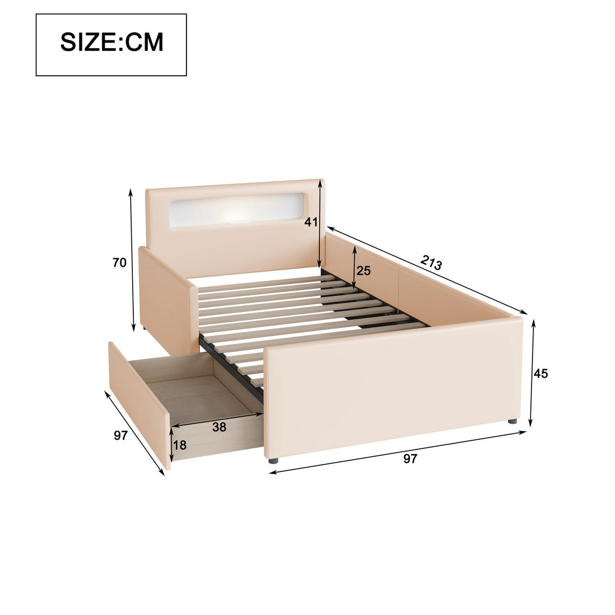 KINDERBETT 90/200 cm Beige mit LED-Beleuchtung USB-Anschluss und Stauraumschubladen - Beige, Textil (90/200cm) - OKWISH