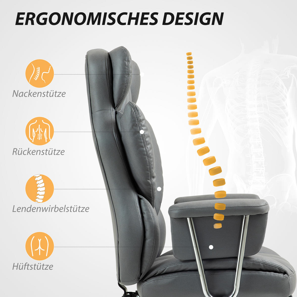 BÜROSTUHL mit Liegefunktion, ergonomisch Schreibtischstuhl, Drehstuhl Dunkelgrau - Chromfarben/Dunkelgrau, Textil/Metall (65/128/74cm) - HOMCOM