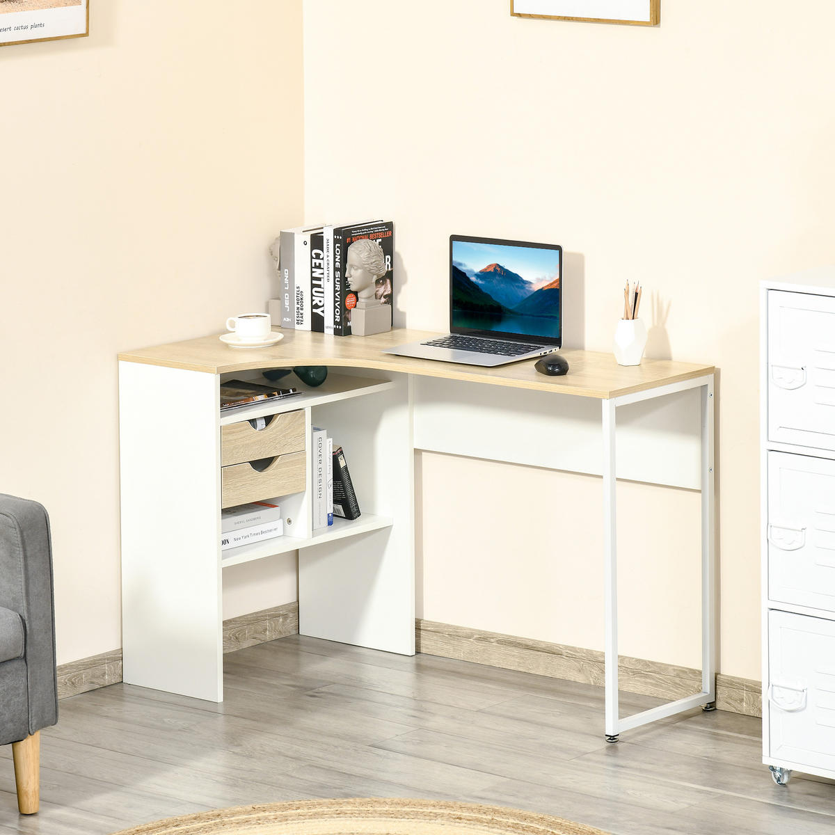ECKSCHREIBTISCH Eiche-Optik hell mit 2 Schubladen und 3 Fächern 120/60/74 cm - Weiß, Holzwerkstoff (60/120/74cm) - PANGIVO