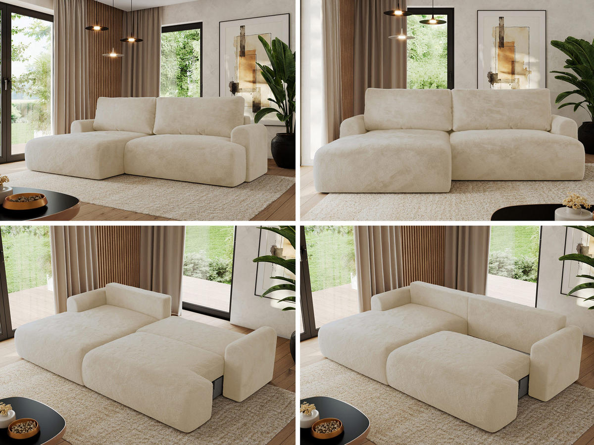 ECKSCHLAFSOFA TONO L Creme Plüsch - links - Creme/Schwarz, Kunststoff/Textil (260/150cm) - MKS