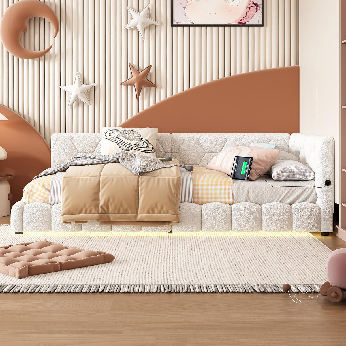 POLSTERBETT 90/200 cm Weiß mit USB- und Type-C-Anschlüssen und LED-Beleuchtung - Weiß, Textil (90/200cm) - OKWISH