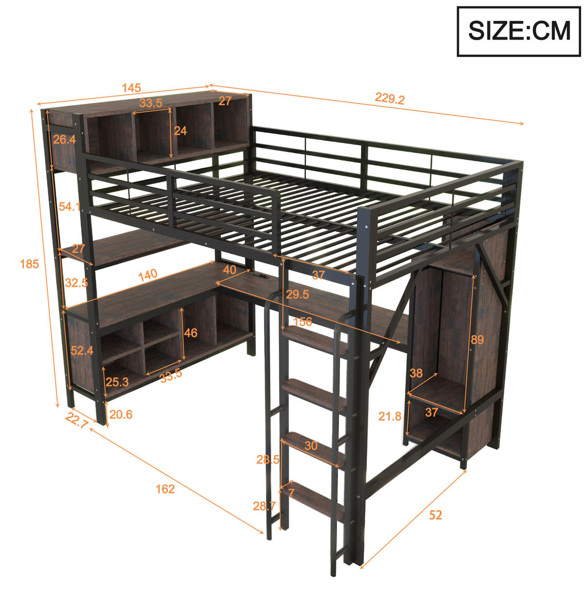 HOCHBETT 140x200 cm in Schwarz mit Schreibtisch, Kleiderschrank, LED und Steckdosen - Schwarz, Metall (140/200cm) - IVMEU