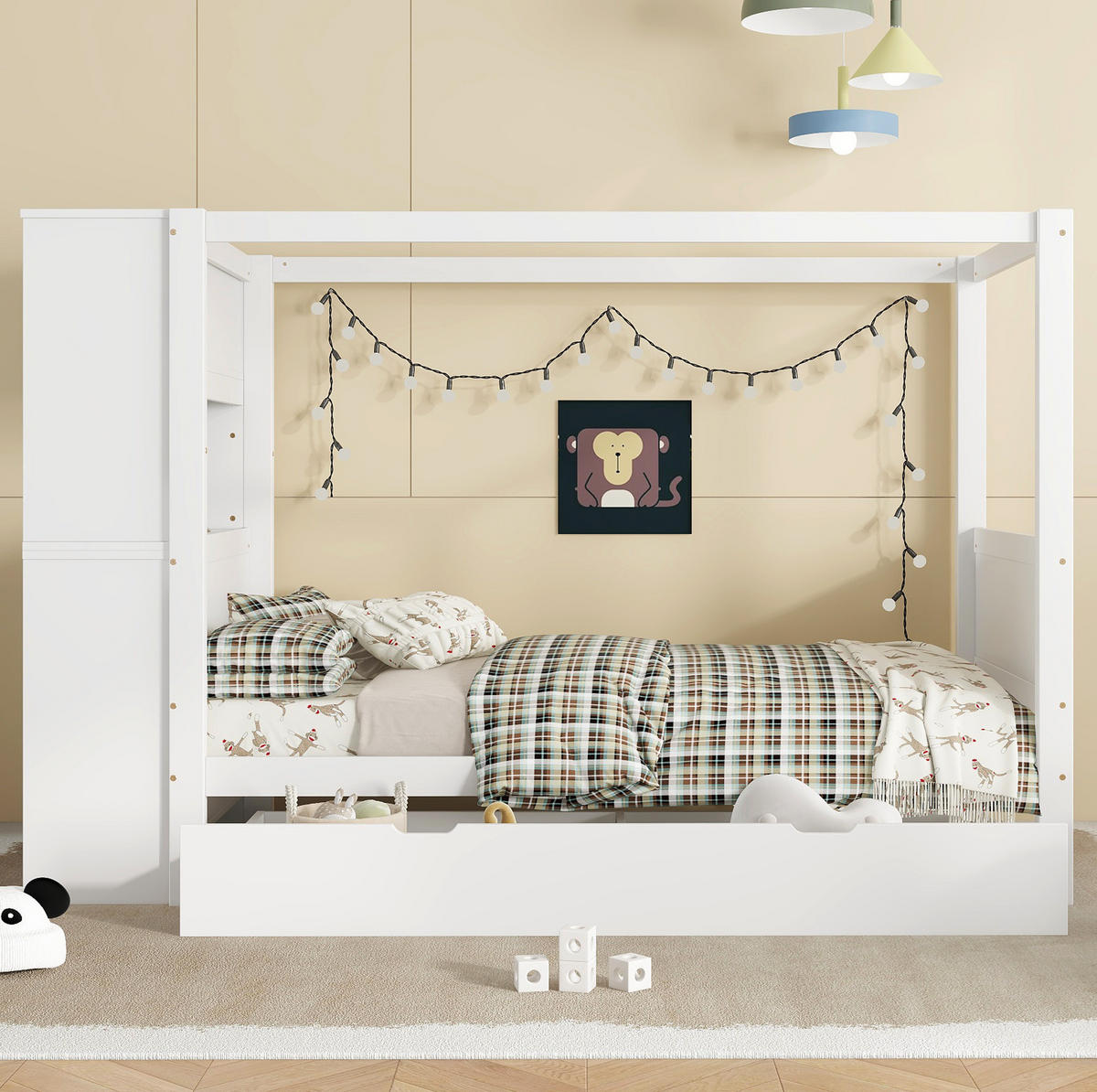 DETSKÁ posteľ 90/200 cm biela z masívneho dreva a MDF s úložným priestorom, zábranou a písacou plochou - biela, kompozitné drevo (90/200cm) - OKWISH