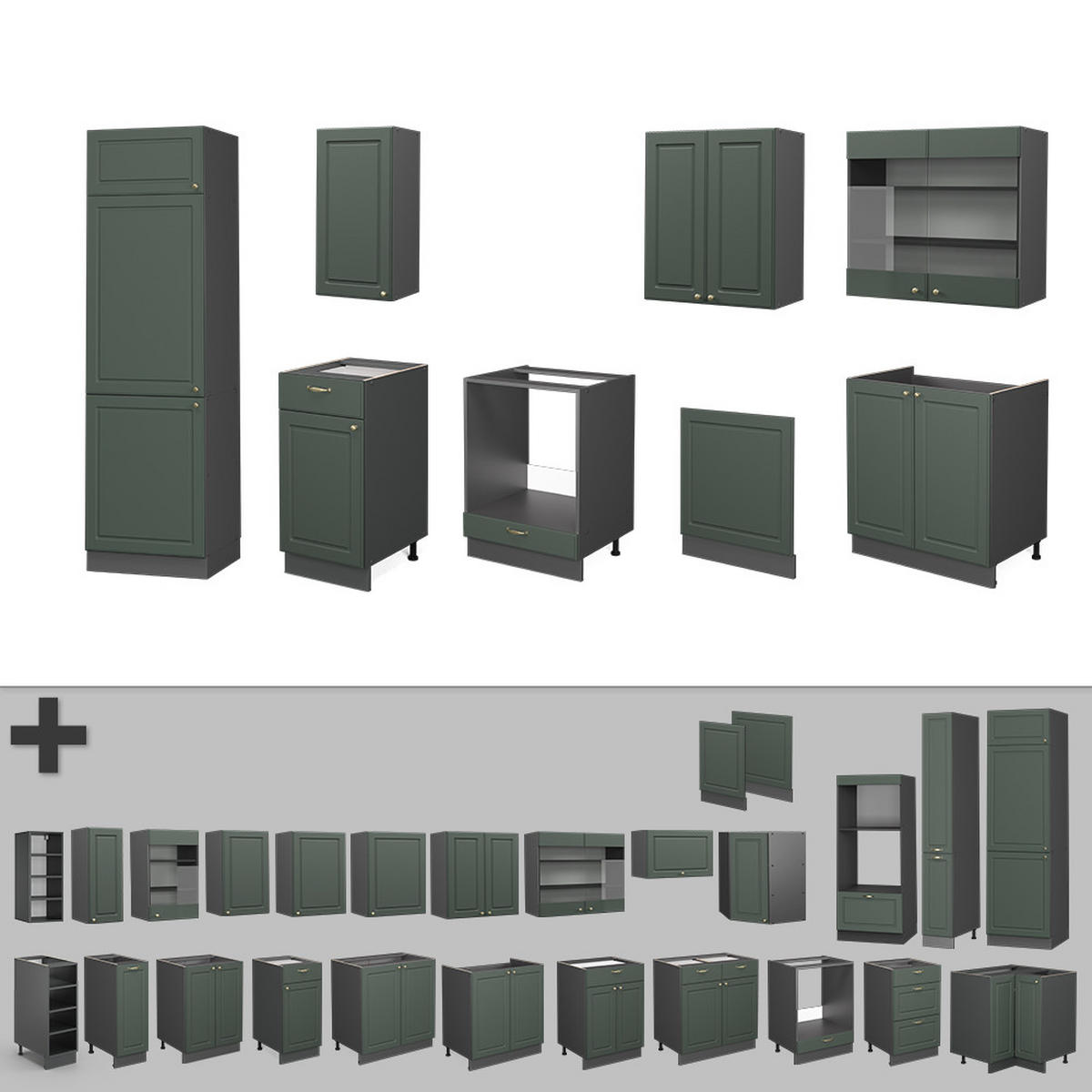 KÜCHENZEILE Fame-Line Grün-Gold Landhaus/Anthrazit 300 cm, AP Marmor - Anthrazit/Grün, Holzwerkstoff (300/81.6/60cm) - Vicco