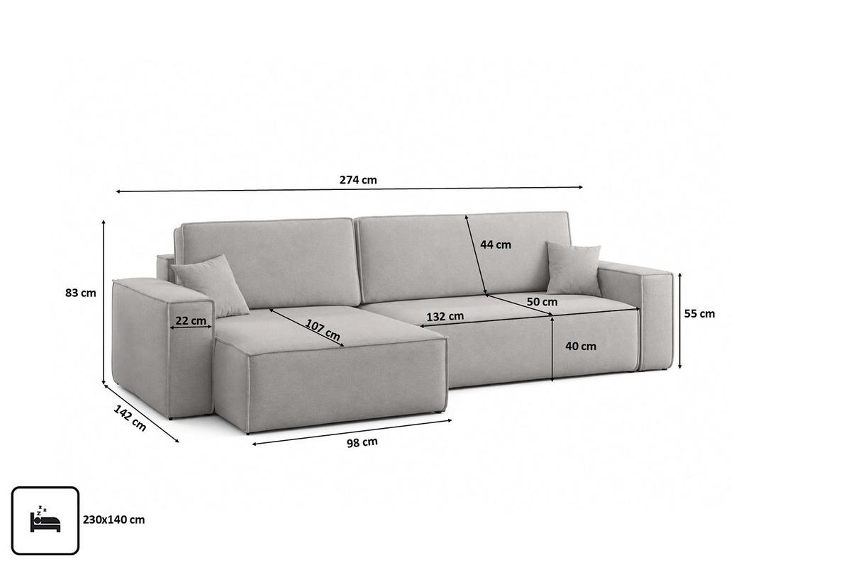 ECKSOFA L-Form Mit Schlaffunktion Und Bettkasten, Veloursstoff Bluvel, Grau, Links, BEST XL - Grau, Holz (274/142cm) - Kaiser Möbel