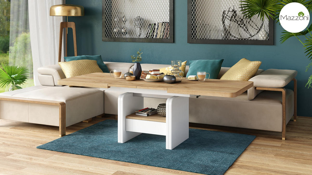 COUCHTISCH rechteckig Eiche Gold - Weiß höhenverstellbar ausziehbar - Eichefarben/Weiß, Holzwerkstoff (75/180/75cm) - designimpex