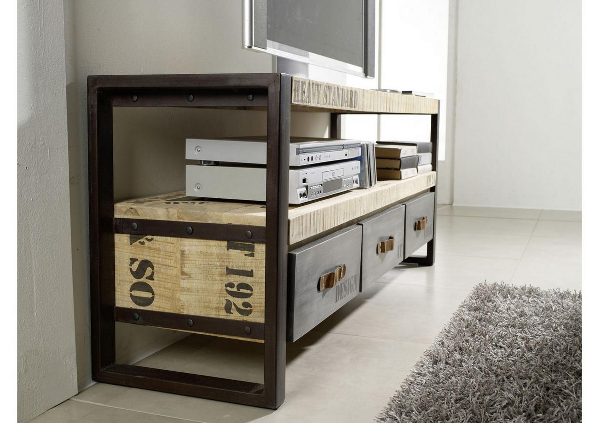 TV-BOARD Mango 150x40x60 natur bedruckt FACTORY #106 - Naturfarben, Holz (150/60/40cm) - Massivmoebel24
