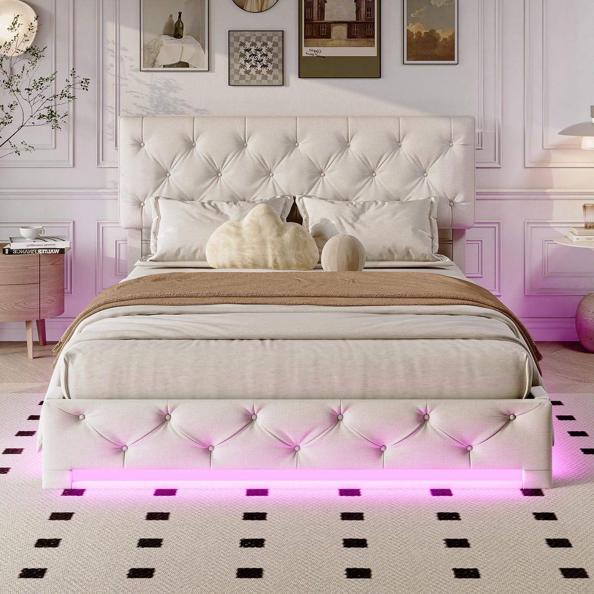 POLSTERBETT 140x200 cm LED Bettkasten Samt Nieten weiß - Beige, Holz (140/200cm) - LEBENLANG