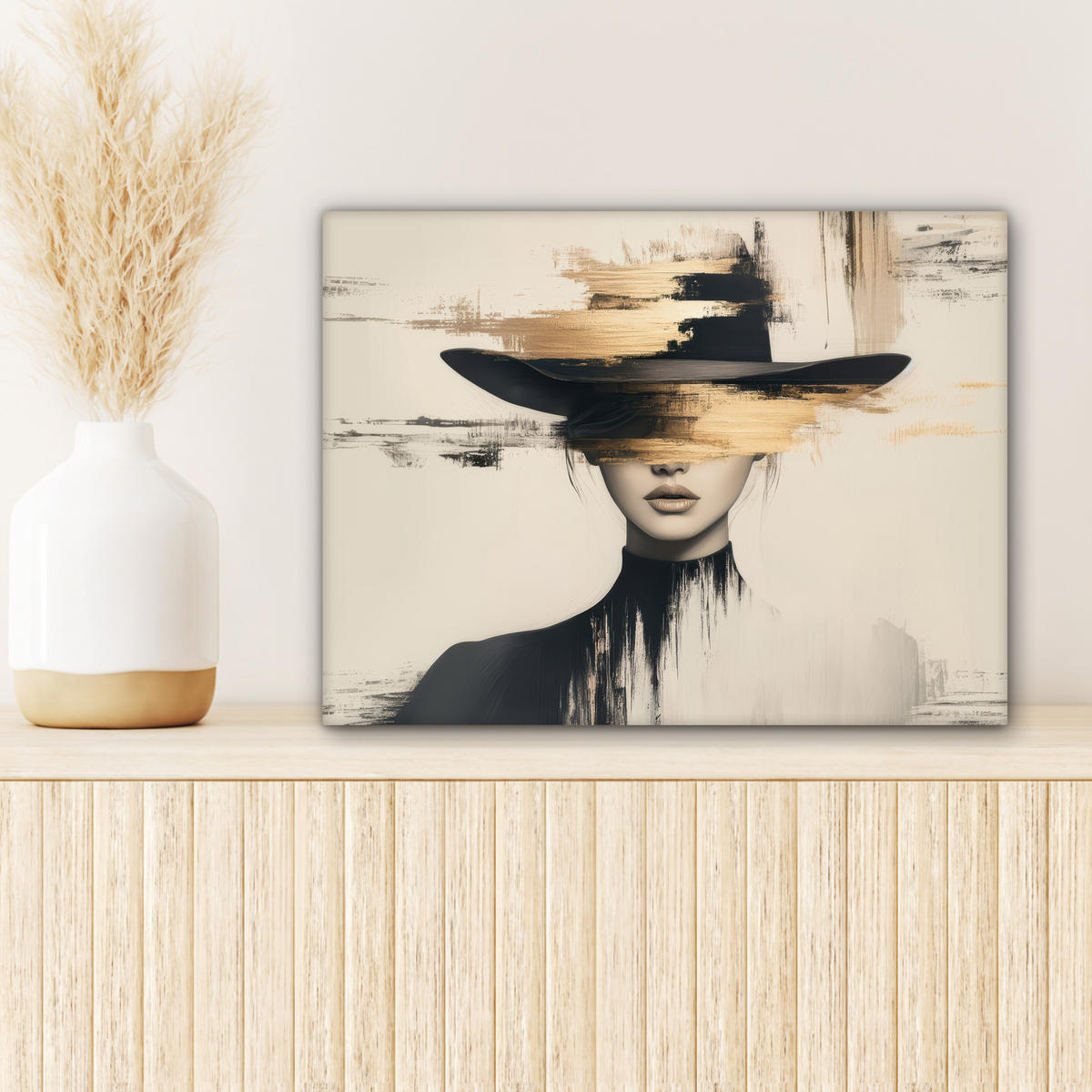 LEINWANDBILD Frau - Hut - Farbe 40x30 cm - Goldfarben, Textil (40/30cm) - MuchoWow