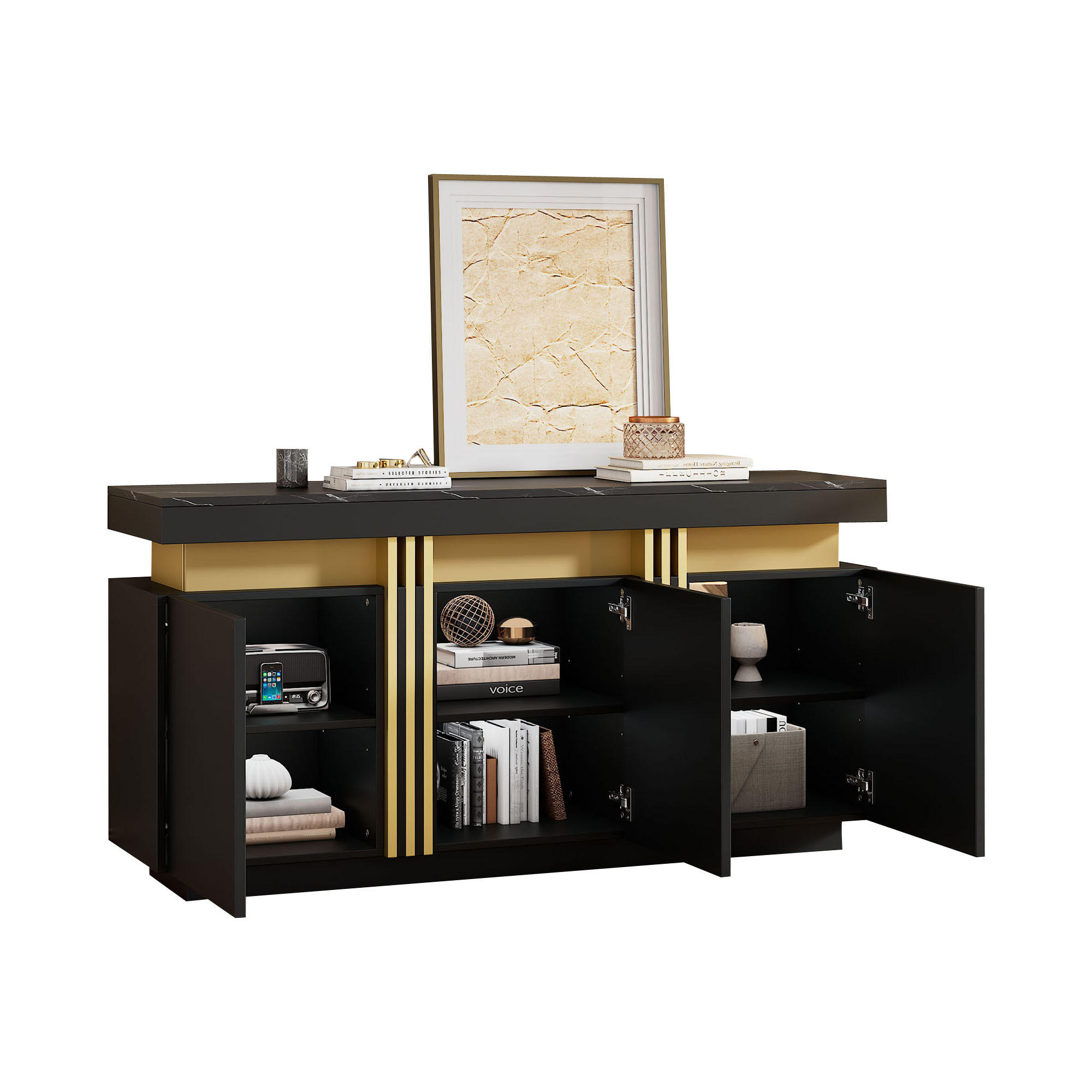 SIDEBOARD schwarz mit Marmor-Furnieroberfläche und goldenen Akzenten 140 × 38 × 70 cm - Schwarz, Holzwerkstoff (140/70/38cm) - Luhomfu