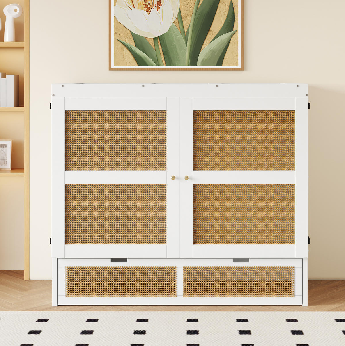 MULTIFUNKTIONSBETT 140/200 cm Weiß Rattan-Design mit Stauraumschubladen aus Holz - Weiß, Holzwerkstoff (140/200cm) - OKWISH