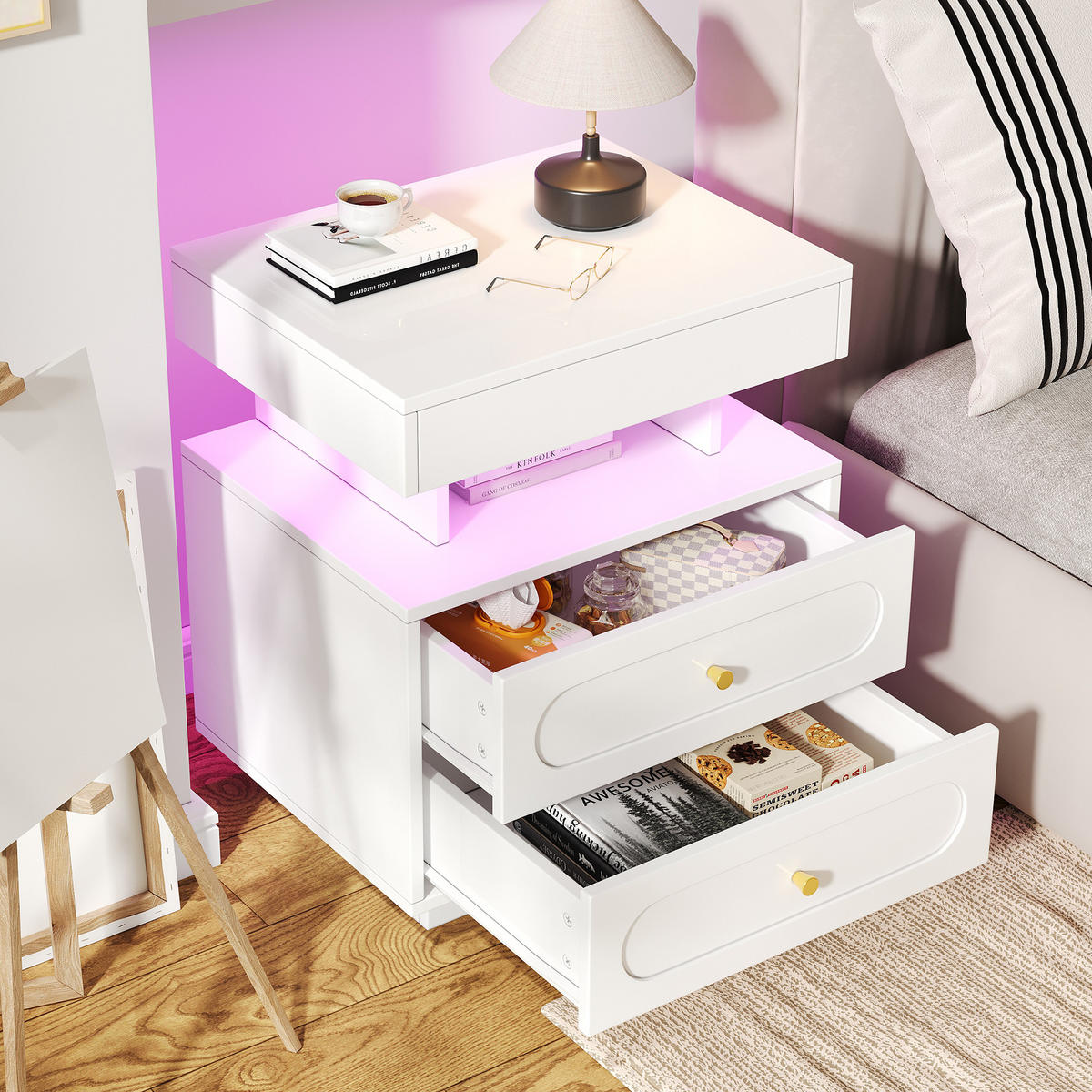 SIDEBOARD Nachttisch mit LED Beleuchtung und 3 Lichtfarben, große Schublade MDF leise Führung - Weiß, Holzwerkstoff/Metall (50/60/40cm) - EVRYAE