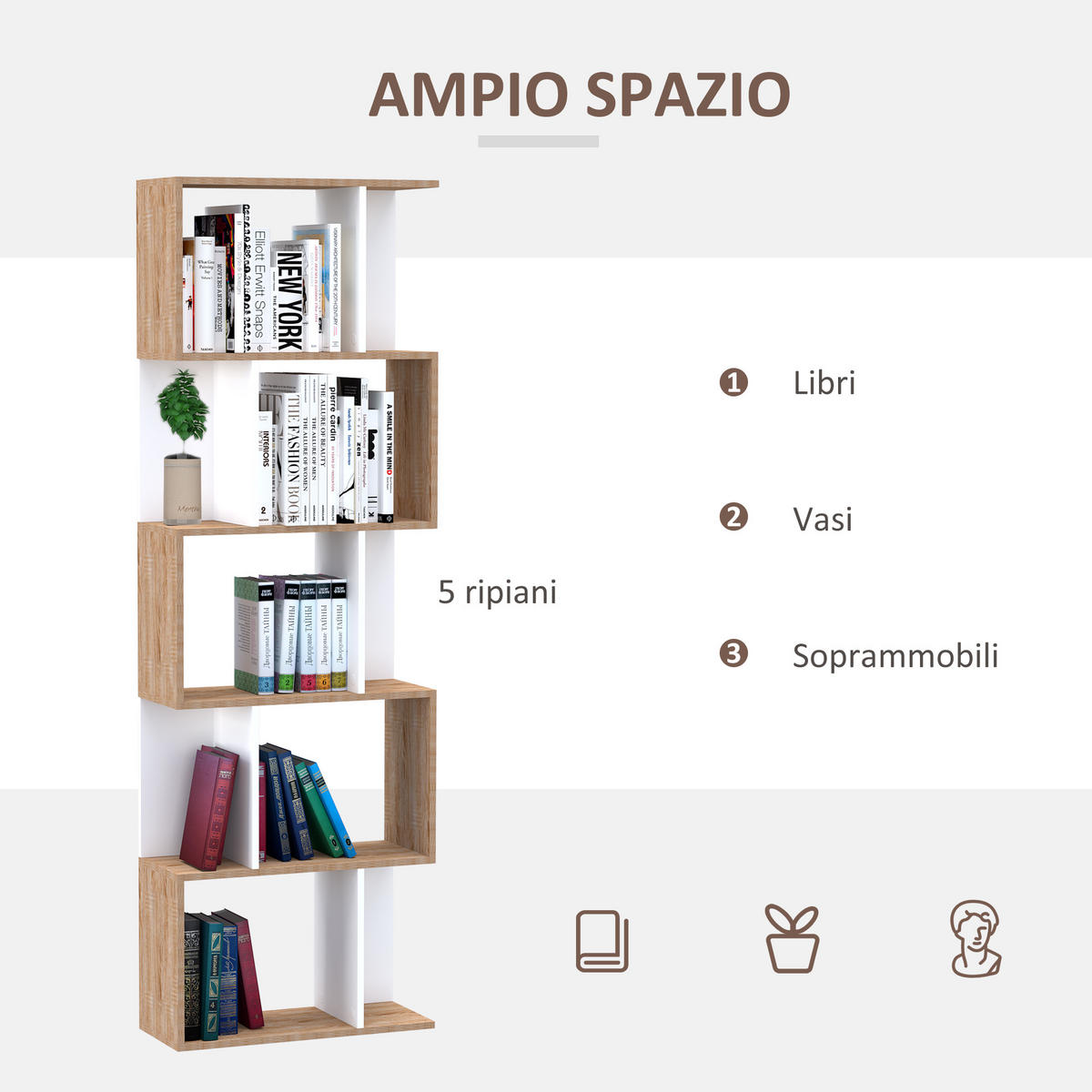 BÜCHERREGAL,5-STUFIG S-förmig Trennwand 60x24x184,5cm,holz-weiß - Weiß, Holzwerkstoff (60/184.5/24cm) - Vallsero