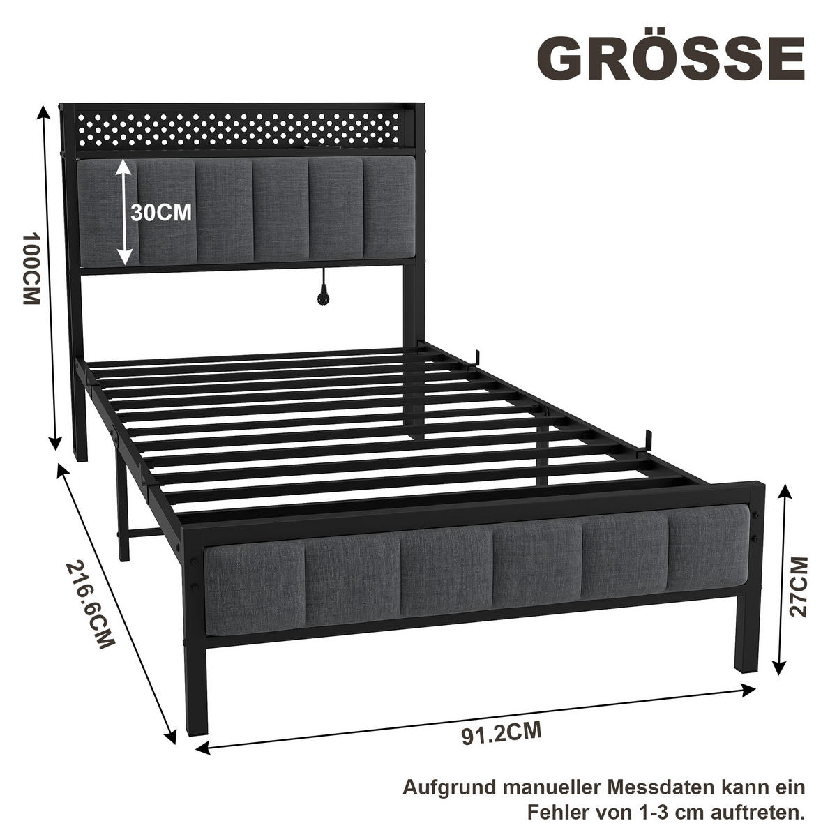 METALLBETT 90/200 cm in Schwarz mit gepolstertem Kopfteil, LED und USB - Schwarz, Holzwerkstoff/Textil (90/200cm) - CHICFURN