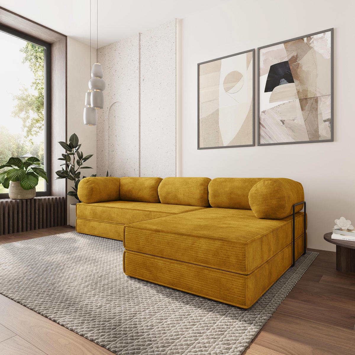 ROHOVÁ SEDAČKA ETERA modulární Boneless pohovka s funkcí spaní, žlutá POSO 01 - žlutá, textil (270/160cm) - MASSENO