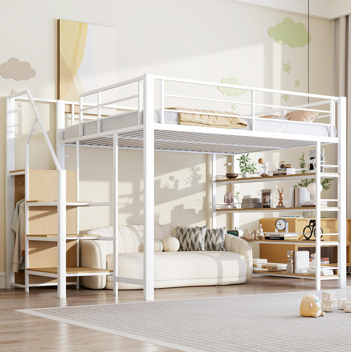 HOCHBETT 140/200 cm aus Metall und MDF mit Stauraumtreppe und Kleiderstange Weiß - Weiß, Metall (140/200cm) - Modenvie