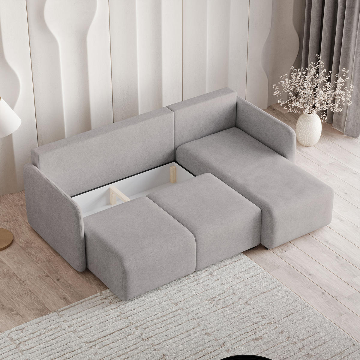 ECKSOFA SUVINO Blau Geflochtener Stoff mit Schlaffunktion - Blau, Holz (230/143cm) - MASSENO