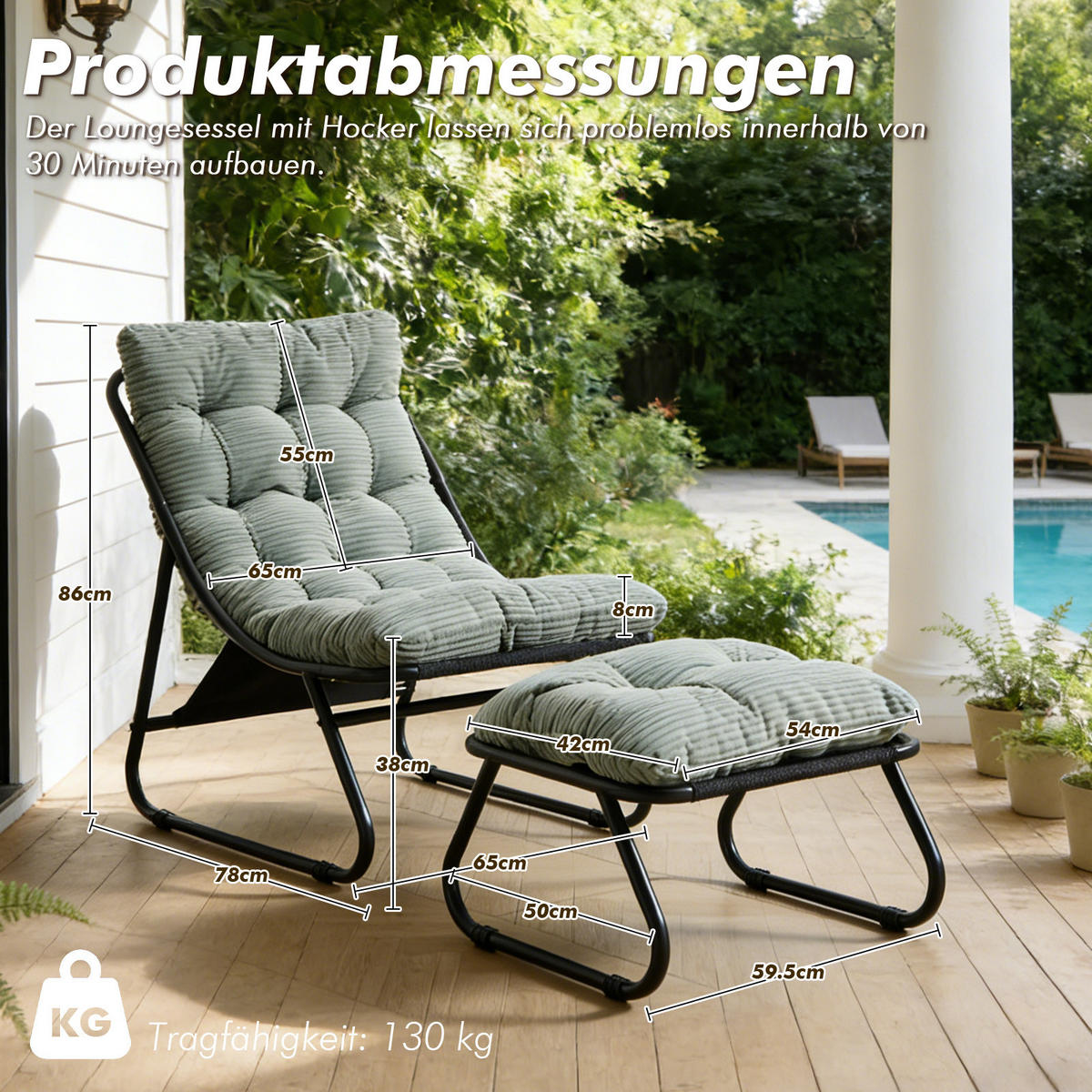 SESSELSET, Relaxsessel mit Hocker,Stahlrahmen,Cord,Hellgrün - Grün, Metall (78/86/65cm) - LVHOM