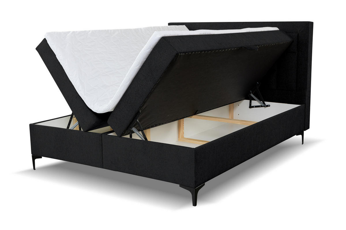 BOXBETT VENEZIA mit 2 Bettkästen, Maße: 140x200 cm, Farbe: Schwarz , Velourstoff, mit Bonell-Matratze inkl. Topper - Schwarz, Holz/Kunststoff (140/200cm) - VENASI MÖBEL