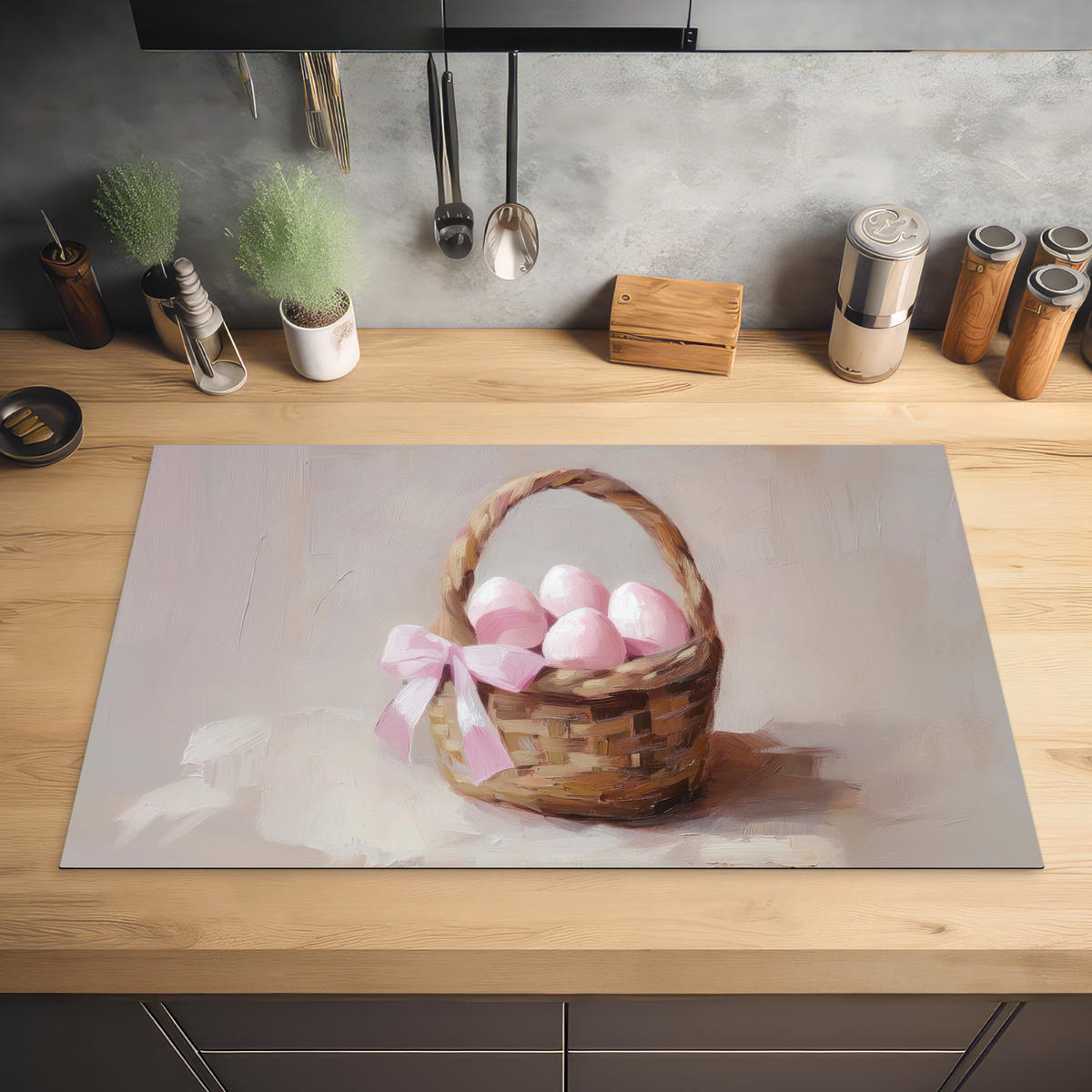 HERDABDECKPLATTE Korb - Eier - Rosa Ceranfeldabdeckung 85x52 cm - Beige, Kunststoff (85/52/0.2cm) - MuchoWow