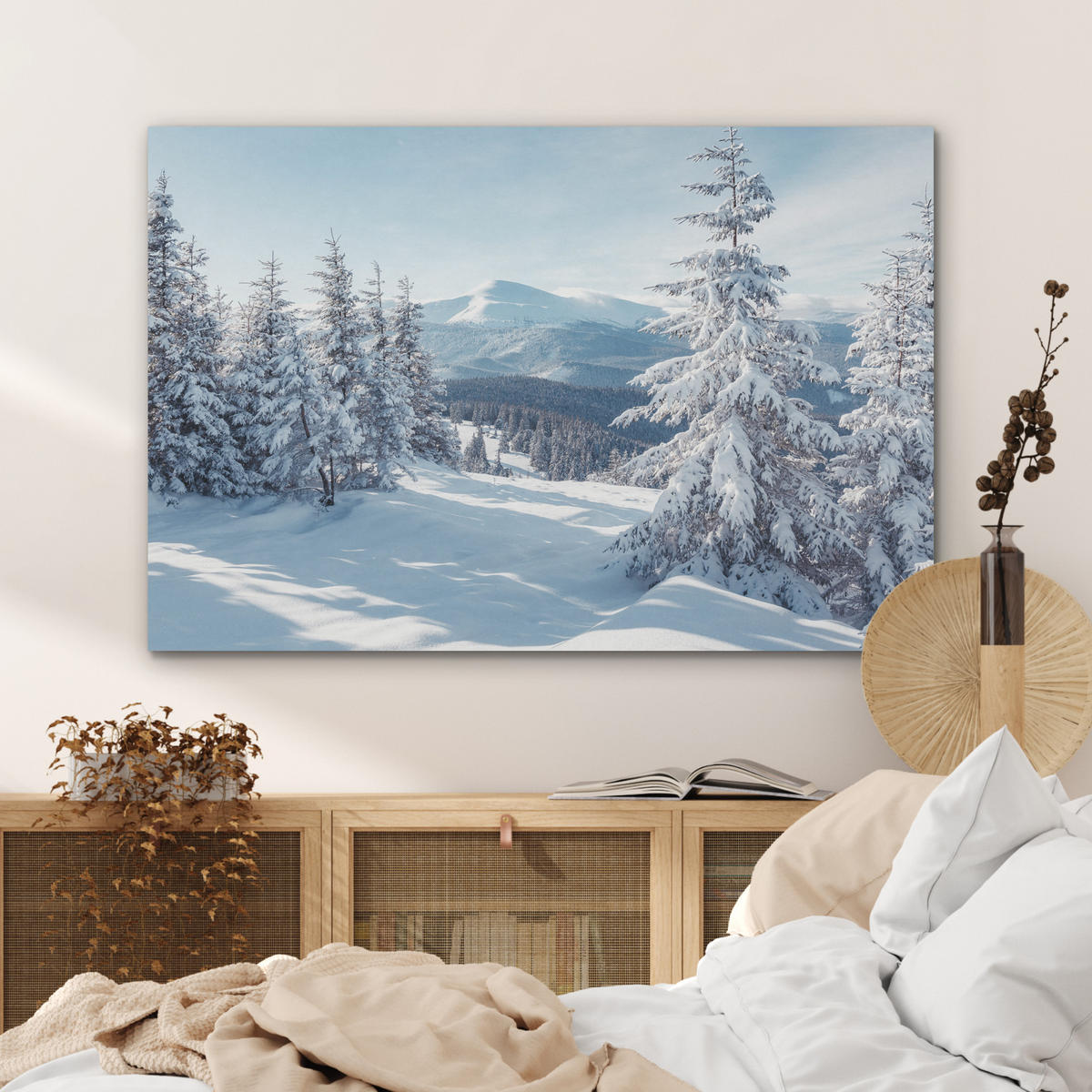 AKUSTIKPANEEL Winterlandschaft - Natur - Berge - Bäume - Schnee 100x70 cm - Hellblau, Textil (100/0.9/70cm) - MuchoWow