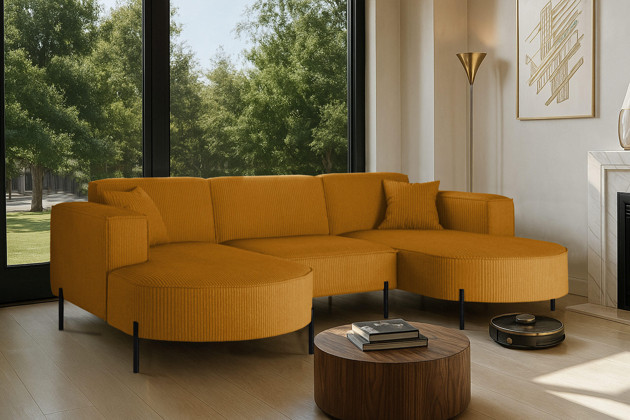 ECKSOFA Designer Modena U Rein stoff Poso Senffarbe - Gelb, Holz (165/299cm) - Kaiser Möbel