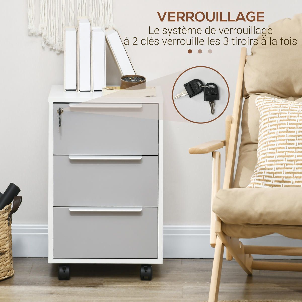 ROLLCONTAINER DE-14418 3 Schubladen abschließbar Weiß/Grau - Weiß, Holzwerkstoff (40/63.5/40cm) - ComfortXL
