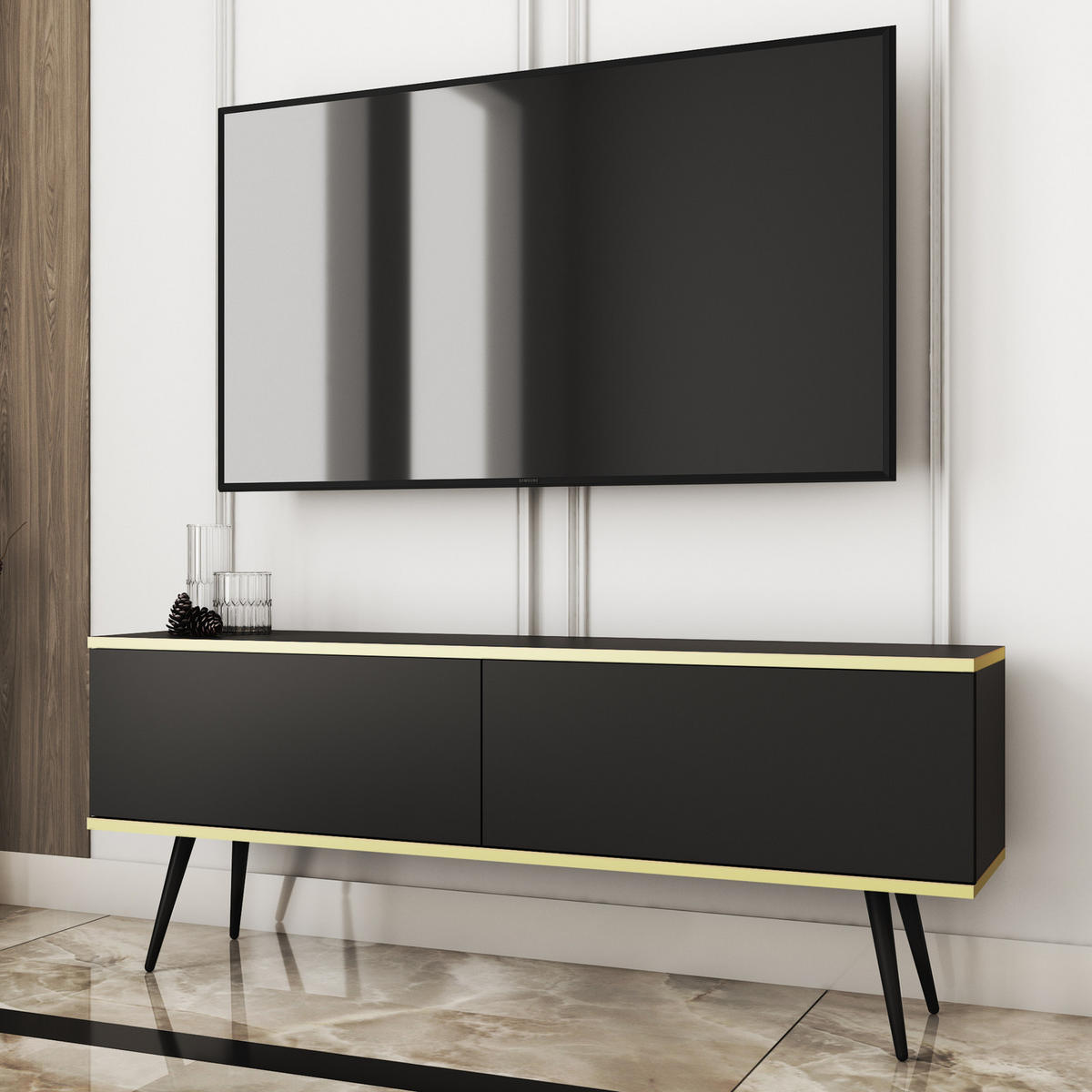 TV-LOWBOARD FORNO (Schwarz, Goldene Details, 2 Türen, schwarze Metallfüße, 135 cm) - Schwarz, Holz/Holzwerkstoff (135/53/32cm) - Ravio