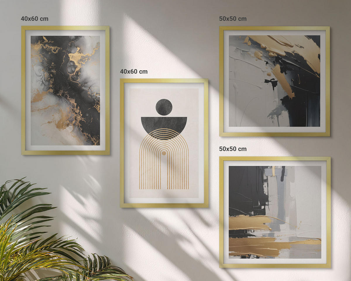 BILDER SET 4er Set - 50x50 cm & 40x60 cm Goldrahmen - Abstrakte Geometrie-Komposition - Goldfarben, Kunststoff (50/50cm) - TULUP