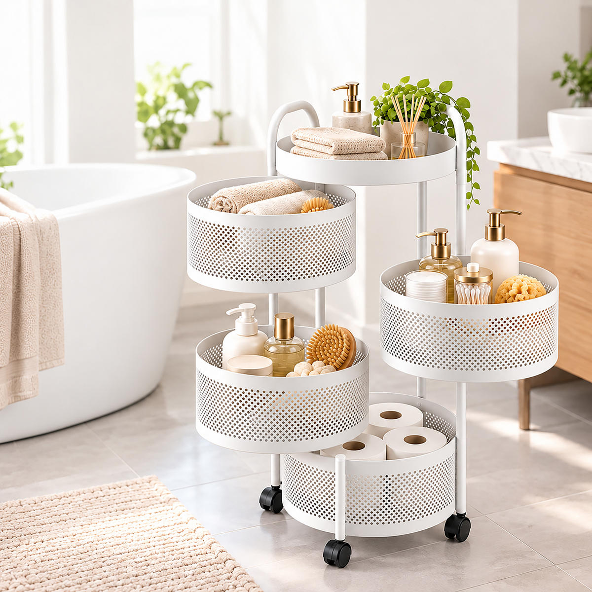 VOZÍK Bílý kulatý 5-úrovní - bílá, kov/plast (33/79.5/33cm) - Relaxdays