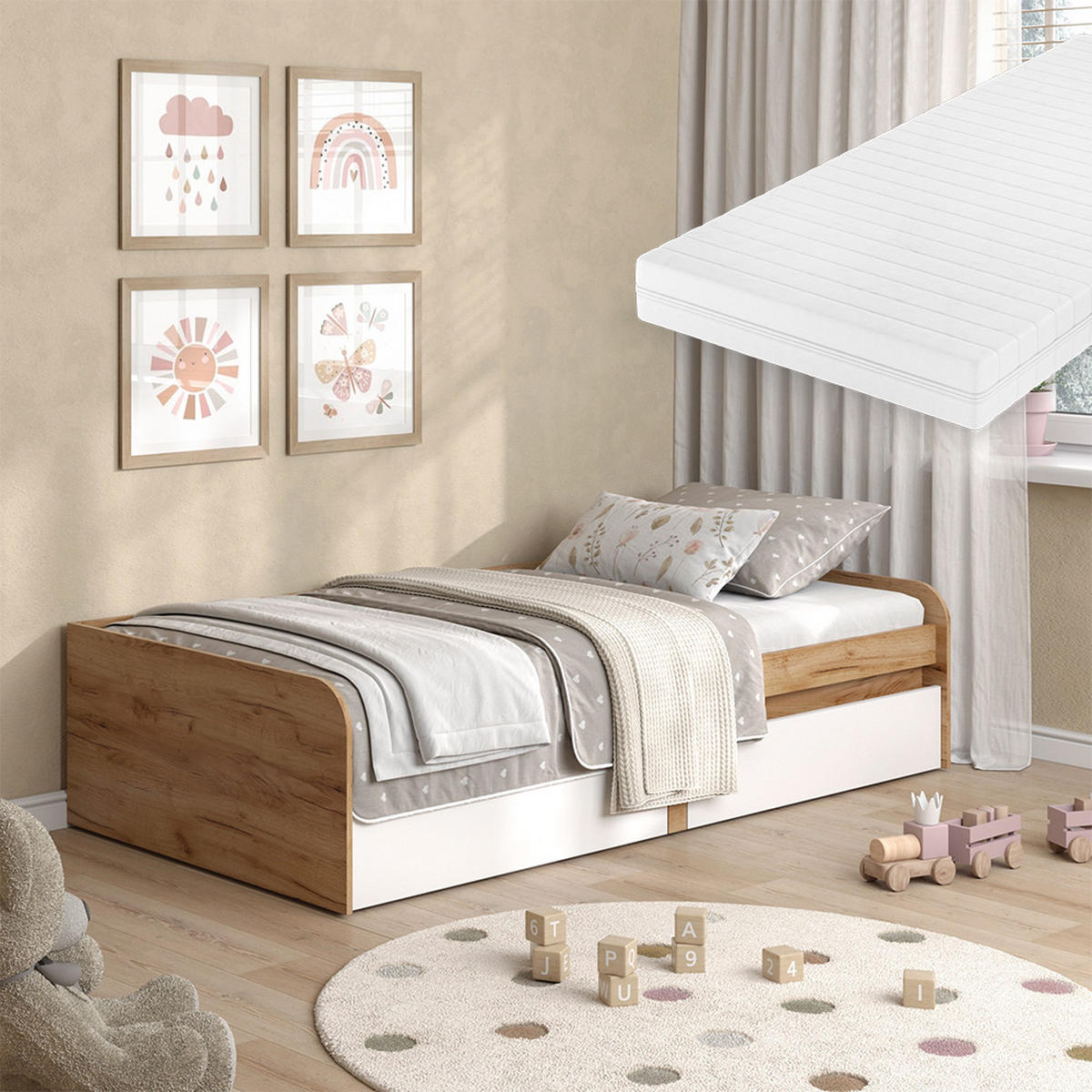 KINDERBETT Clario Weiß/Artisan 90x200 cm mit Matratze - Weiß/Eiche Artisan, Holzwerkstoff - Vicco