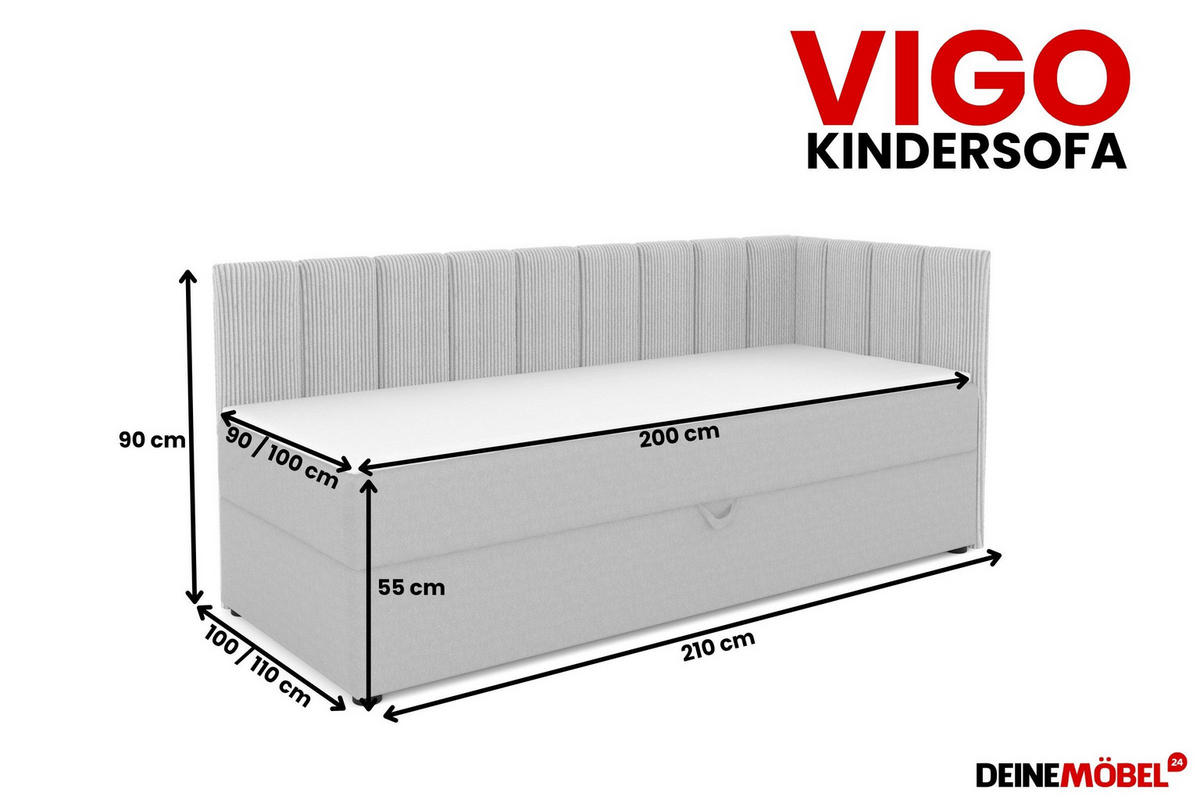 BOXBETT VIGO 90/200 cm in Cord/Velours Hellgrau H4 links - Hellgrau, Holz/Holzwerkstoff (90/200cm) - Deine Möbel 24